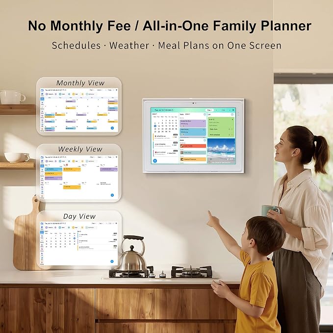 12.3-inch Digital Calendar Touchscreen for Family Kitchen Hub with Video | Calling No Subscription Fees, Real-Time Calendar Sync, Chore Charts, Meal Planner, Privacy Shutter, Wall and Desk Mountable