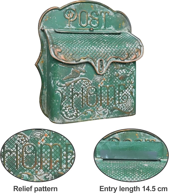 BIG FORTUNE Wall Mount Mailbox for House Outside Vintage Metal Door Mailbox Antique Style Nostalgic Charm Home Decor Garden Vintage English Cottage Decor Flower Patter (Green)