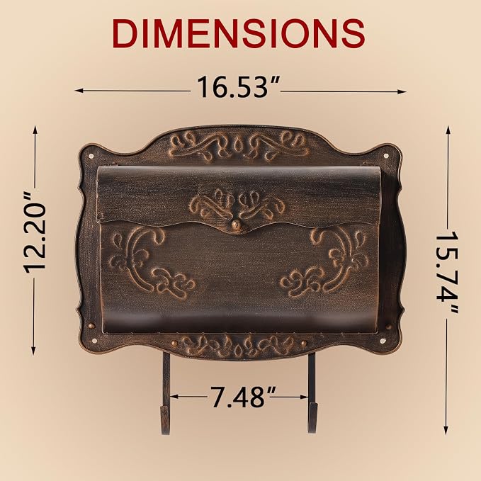Wall Mount Mailbox with Newspaper Holder, Vintage Metal Wall Mailboxes for Outside, Decorative Front Porch Mail Box Mounted, Horizontal Mailbox with Antique Floral Design for Outdoor and House Garden