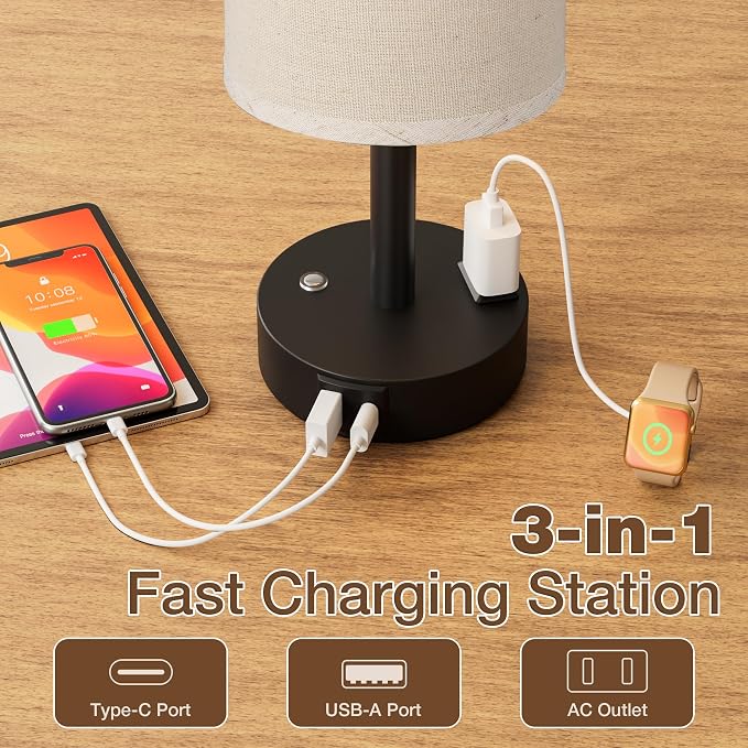 Beige Touch Bedside Lamp for Bedroom, Stepless Dimmable, USB A+C, AC Outlet | Base Touch Button Only, Memory Brightness, Ultra-dim Night Light, Included Bulb for Optimal Dimming, Beige Fabric Shade, Desk