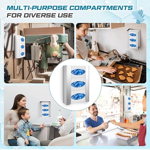Blulu 4 Pack Glove Box Holder/Dispenser Stainless Steel Triple Wall Mounted Glove Box Organizer, 9.84" H x 14.96" W x 3.74" D