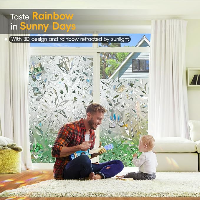 Rainbow Window Privacy Film Decorative, Stained Glass Tint for Home, 3D Decals Clings for Glass, Static Cling Sticker, Suncatcher Cover,29.5" by 157.4"