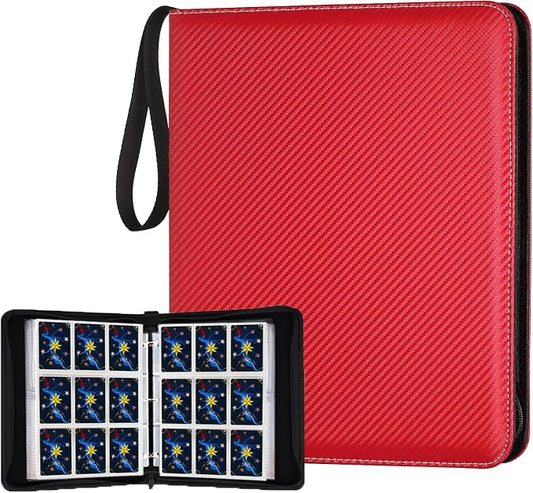 900 Pockets Round Ring Trading Card Binder, 9-Pocket Clear Zipper Card Album with Wrist Strap, Holds 900 Standard TCG & Sports Cards, Not Fit Top Loaders(Carbon Red)