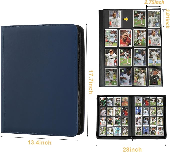 16 Pocket Ringless Side Loading Trading Card Binder, 1024 Cards PU Fixed Page Zipper Card Album for TCG Sports Game Cards, Not Fit Top Loaders (Dark Blue)