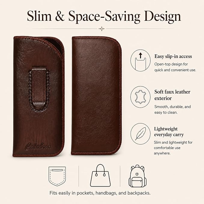 Calabria Slim Eye Glasses Case with Clip Soft PU Leather Brown (3Pack) Men Women Eyeglass Pouch Slip-In Eyewear Sunglasses Bag