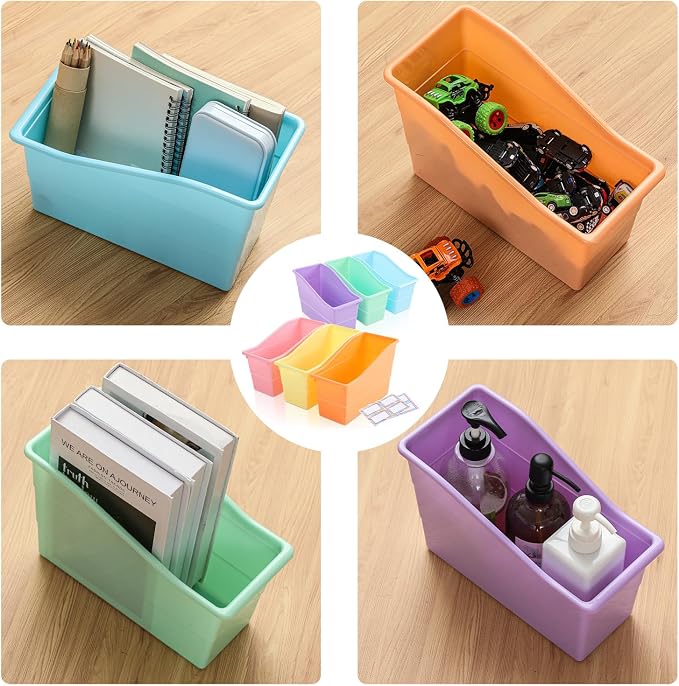 Blosssound 48 Set Book Bins for Classroom Stackable,Pastel | Plastic Baskets with Labels, Slanted Front, Library Supplies Organizers, Desktop Storage Bins, Teachers Home School Use