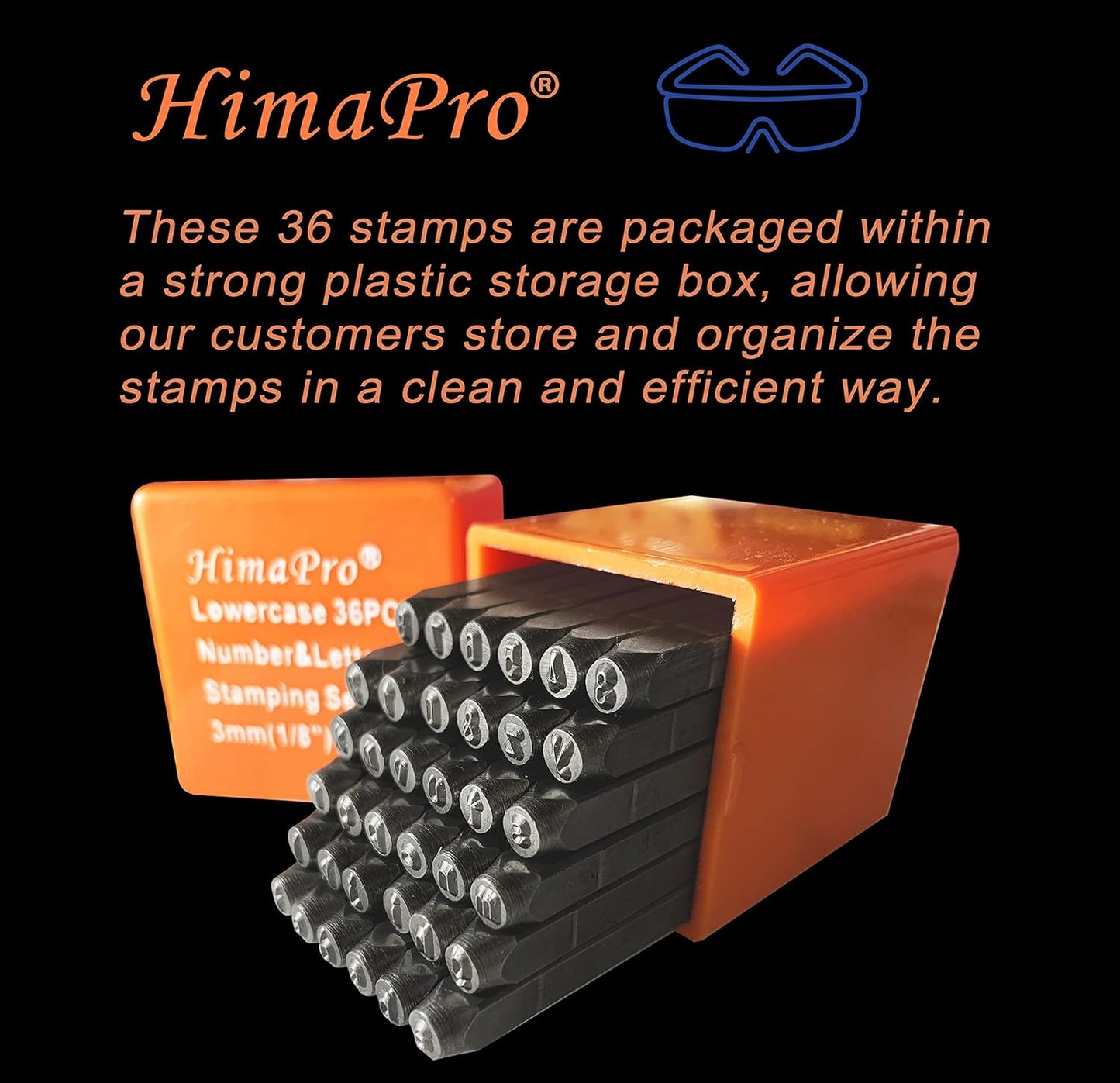 HimaPro Number and Letter Stamp Set 36 PCs Lowercase Industrial Grade Letters 'a'-'z', '&', '0'-'9' in a Plastic Box (3mm - 1/8 Inch)