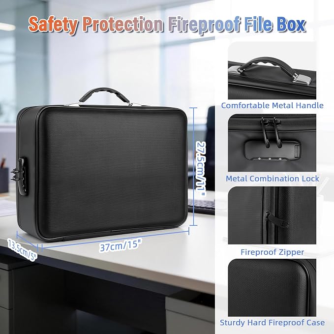 Fireproof Document Box with Lockable Zipper, Waterproof Hard-Shell Case, 13 Pockets Accordion File Folder, Multi-Layer Portable Travel, Home & Office Safe Storage Box for Important Papers, Cash (L)