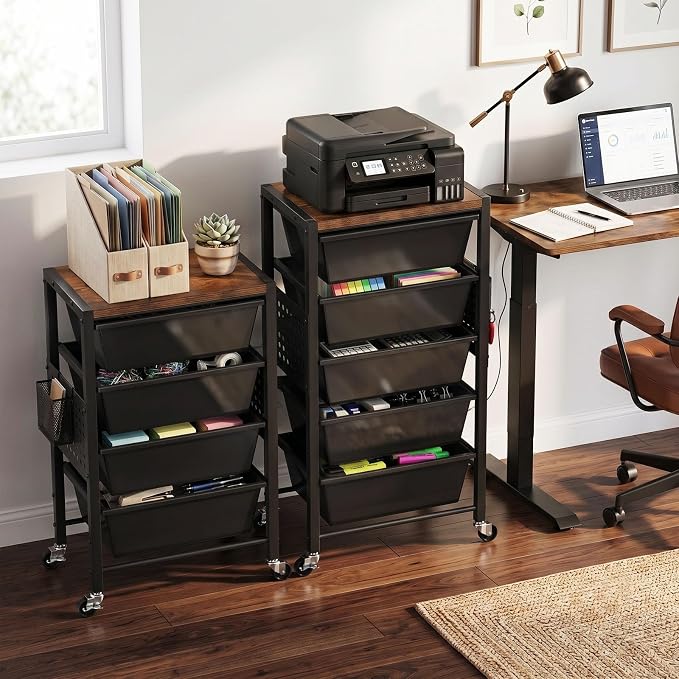 Rolling Cart with 4 Drawers, Plastic Drawer Storage Carts with Wheels & Wooden Tabletop, Metal Utility Cart with Pegboards, Office Living Room Classroom Craft Organization and Storage, Dark Black