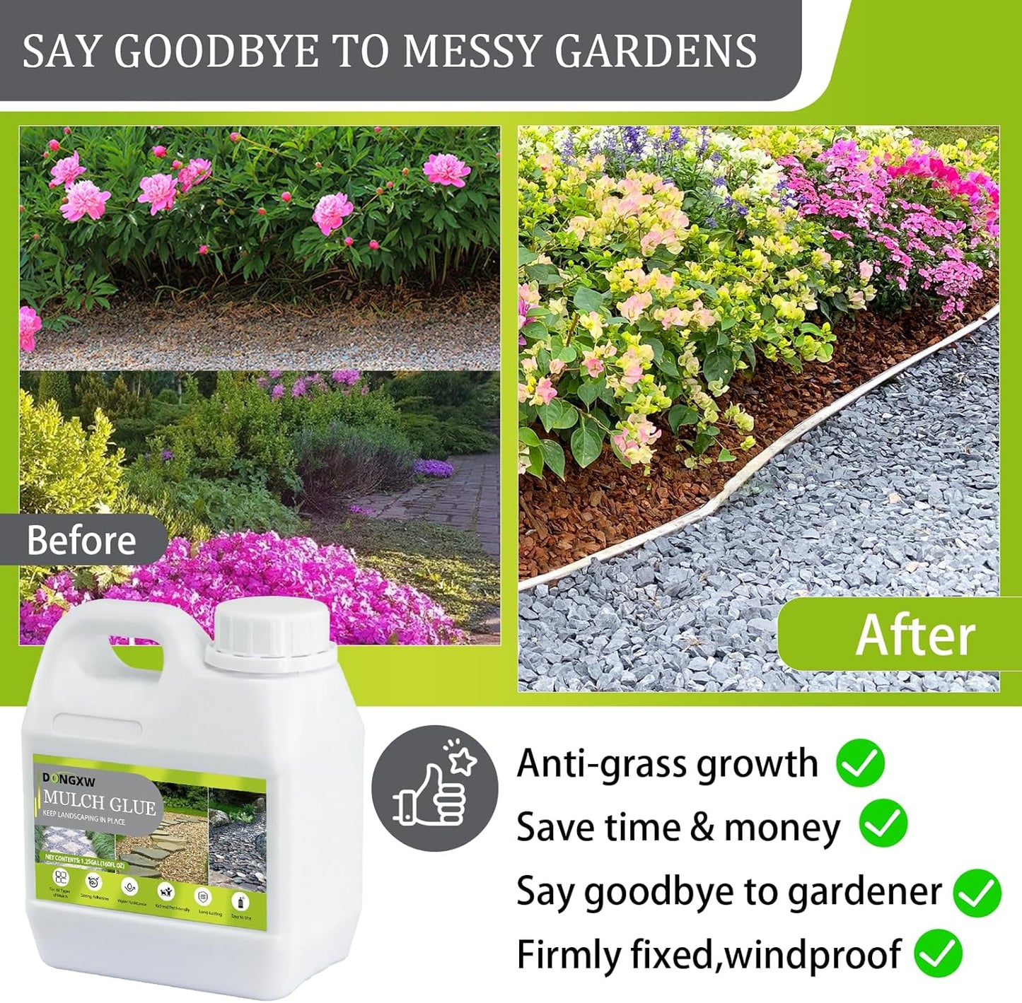 Mulch Glue for Landscaping 1.25 Gallon, Long-Lasting Rock Glue Gravel Binder, Strong Rubber Mulch Stabilizer Landscape Mulch Anchor for Pea Gravel, Max Concentrated Stones Lock Adhesive