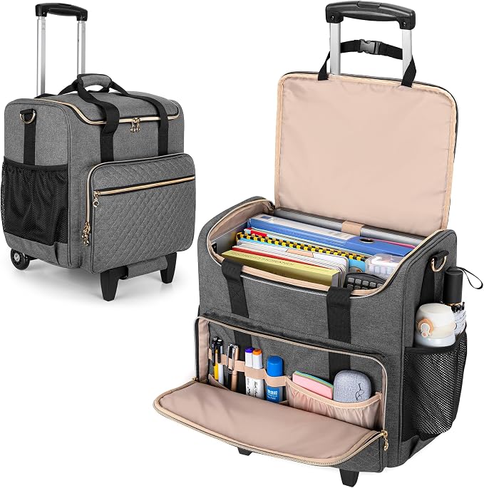LUXJA Rolling Teacher Bag with Wheels and 15.6" Laptop Compartment, Gray | Rolling Briefcase for Women, Teacher Tote Bag for Office Work with Detachable Dolly and Shoulder Strap, Ample Storage Pockets