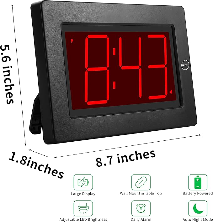 KWANWA Large Digital Alarm Clock, 3" LED Display Battery Operated, Dimmable Auto Night Mode, Easy to Read for Seniors Visually Impaired, Cordless Wall Clock or Table Clock for Bedroom Kitchen Office