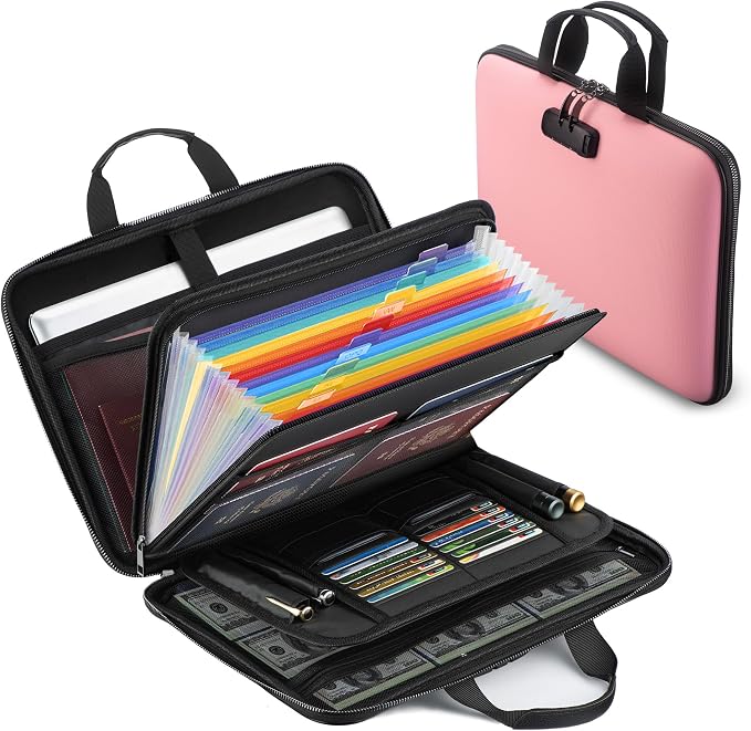 facka Fireproof Document Box with Lock, Hard-Shell Safe File Organizer | 13-Pocket Accordion Folder for Important & Legal Documents, Laptop, Passport, Cards & Valuables, Home Office Travel Pink