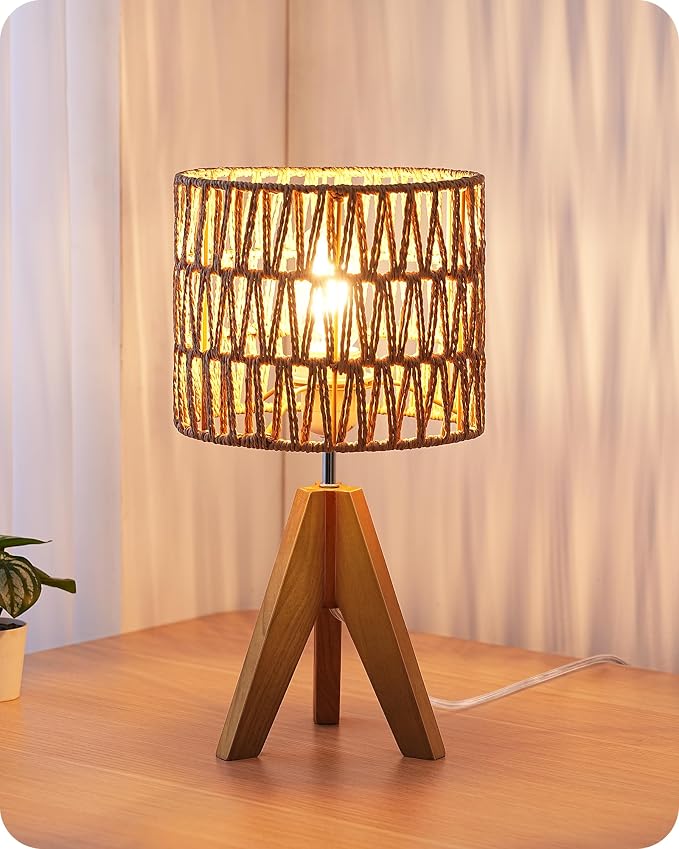 EDISHINE Rattan Small Table Lamp, Boho Nightstand Lamp, 14.2", E26 Base | Natural Style, Wood Tripod Base, Rosewood Color & W-Pattern Shade, Bedside Lamp for Living Room, End Table, Office