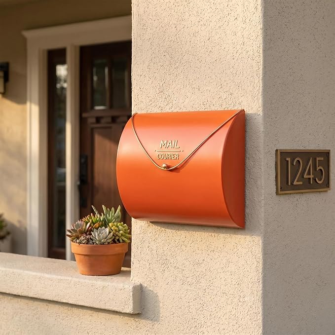 Orange Wall Mount Mailbox for Outside,Waterproof Metal Mailboxes with Rust-Proof Galvanized Steel,Large Capacity Envelope Mailbox for House,12.99 x 10.35 x 3.5 Inch