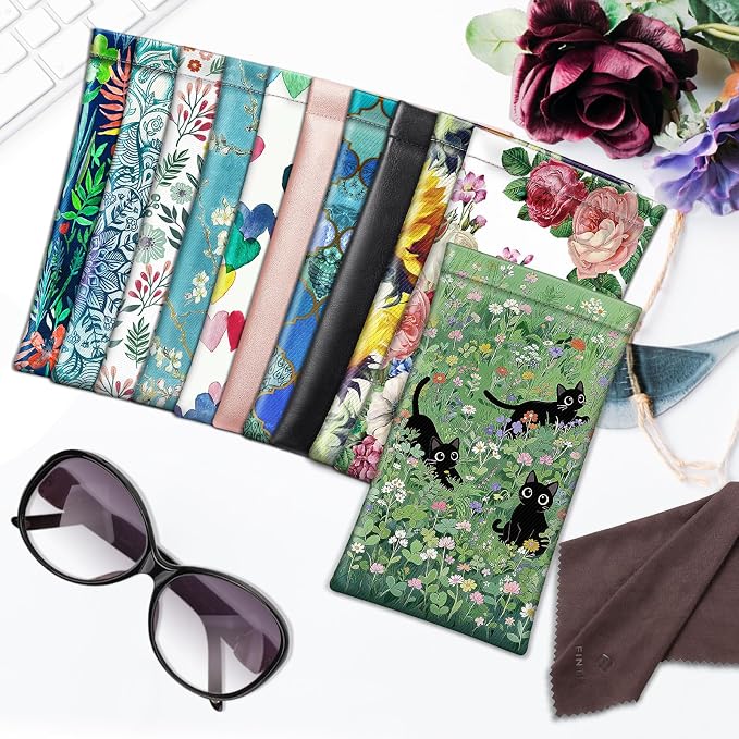 FINTIE Soft Eyeglasses Case with Cleaning Cloth, Portable Squeeze Top Vegan Leather Glasses Pouch, Sunglasses Eyewear Bag