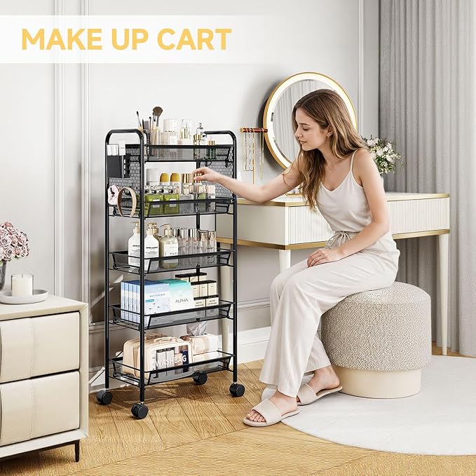 KINGRACK 5 Tier Rolling Cart, Metal Utility Storage Cart with Pegboard | Screwless Assembly, Lockable Wheels, 4 Hooks & 1 Bin, Mobile Organizer for Bathroom Kitchen Office Craft Room Laundry, Black