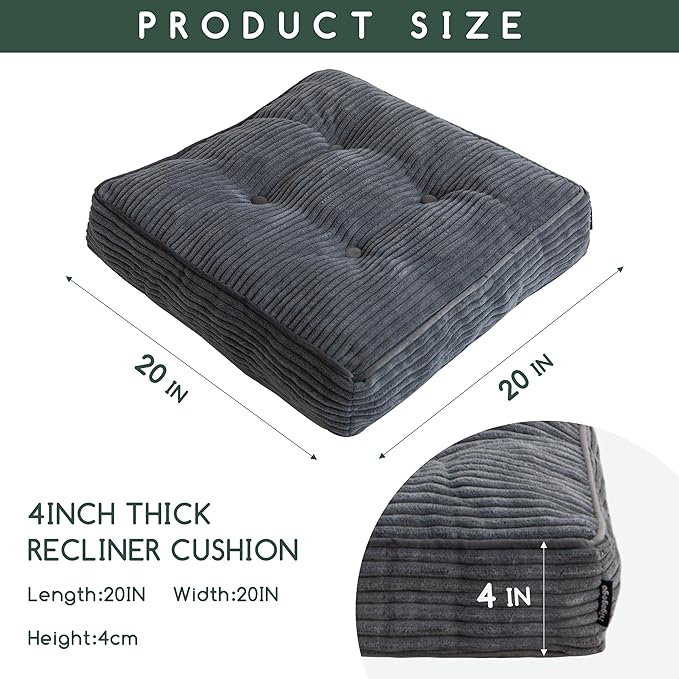 Tufted Corduroy Recliner Seat Cushion for Elderly, High Density Foam Large Square Seat Cushion for Recliner Chair, Floor Pillow, Office Chair, Car, No Pressure on Thighs, 20x20x4
