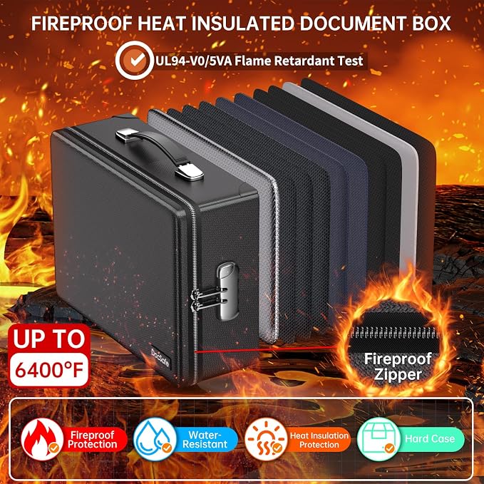 DocSafe 6400°F Fireproof Document Box with Lock, 10 Layers Heat Insulated | Fire&Water Resistant,Hard Case Safe Box with Zipper＆Multi Pockets, Protects Personal Items,Documents,Laptop,Passport,Black
