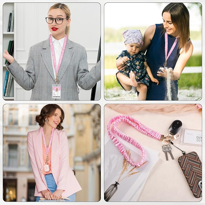 Prudiut Scrunchie Lanyard for Id Badges, Retractable Teacher Lanyards Cute Stretchy Scrunchie Lanyard with Id Holder for Women (Pink)