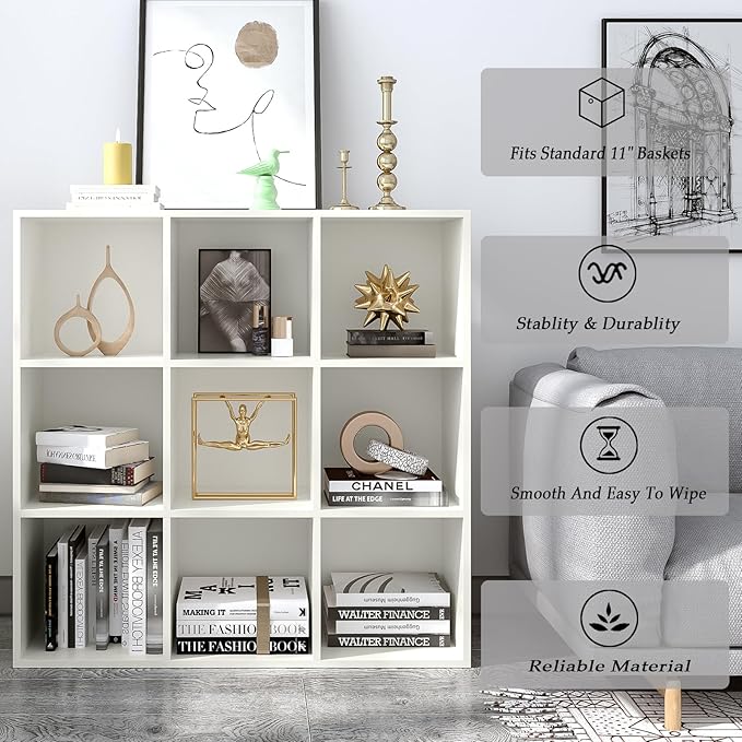 OSCHF 9-Cube Storage Shelf Bookcase - Wooden 3-Tier Floor Standing Open Bookshelf for Home and Office, Display Cabinet, Warm White