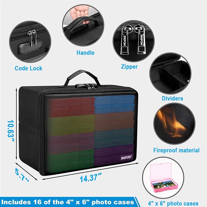 ENGPOW Fireproof Photo Storage Box with 16 Inner 4" x 6" Photo Cases(Multi-Colored), Photo Organizer with Lock, Collapsible Portable Photo Safe Containers with Handle for Photos, Picture, Craft