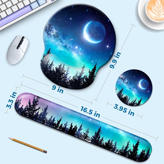 Mouse Pad and Keyboard Wrist Rest Support,Ergonomic Mouse Pad Set | Mousepad With Coaster and Non-Slip PU Base,Pain Relief for Desk Desktop Gaming, Computer,Office -Beach