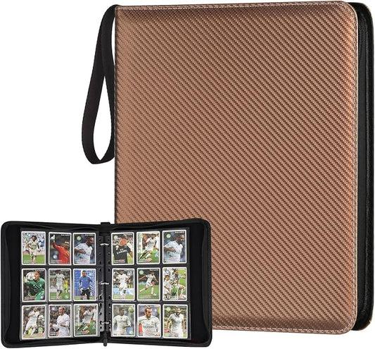 GERMUN 3 Ring 9 Pocket Zipper Card Binder, 720 Double Sided Standard PU Trading Card Album Folder for TCG & Sports Cards, Not Fit Top Loaders (Brown)