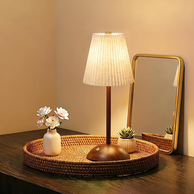 Small Vintage Cordless Table Lamp, 5000mAh Battery Operated, 3 Color Stepless Dimming Up, Bedside Vintage Flower Desk Lamp for Bedroom Living Room, Dorm, Home, Office Decor (Beige)