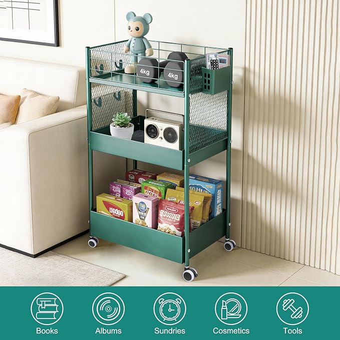 3 Tier Rolling Storage Cart Metal Utility Cart with Wheels | Office Organizer with Hooks & Hanging Cups, Mobile Shelving Unit for Kitchen Nursery Craft Snack Book