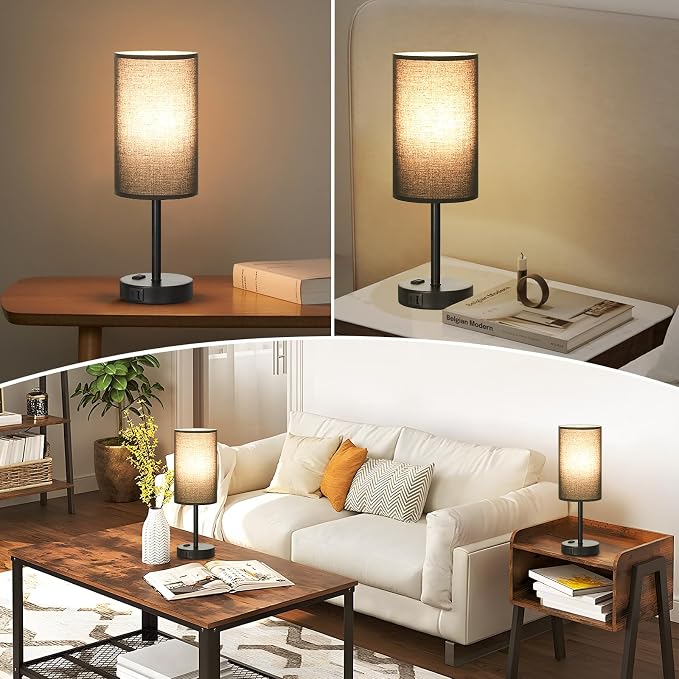 Touch Bedside Table Lamps Set of 2 - Bedroom Lamp with USB A+C, AC Outlet | 3-Way Dimmable, LED Bulb Included, Black Fabric Lampshade, Matte Black Metal Base & Pole, 17" Tall Nightstand Lamp for Desk