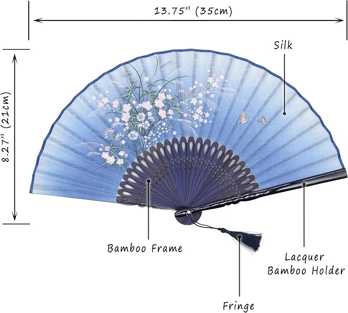 OMyTea® "Grassflowers 8.27"(21cm) Hand Held Folding Fans - With a Fabric Sleeve for Protection for Gifts - Chinese/Japanese Vintage Retro Style (Blue)