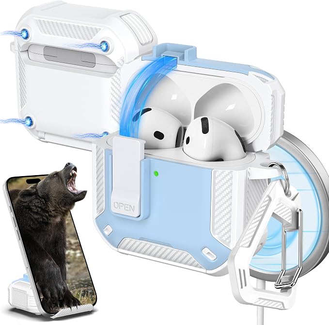 R-FUN for AirPods 4 Case with Lock Magnetic Lid MagSafe, Blue | Compatible with Apple AirPods 4th Generation Protective Case with Cleaner Kit & Carabiner, Powerful Drop Protection