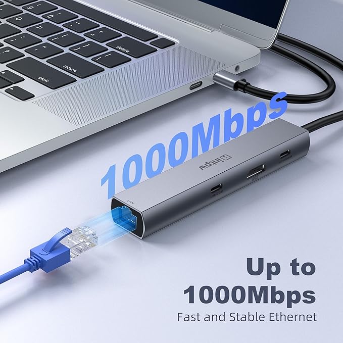 intpw USB C to USB A Hub 6 Ports with 4K HDMI Ethernet 100W PD Type C Hub USB 3.0 5Gbps Aluminum Adapter Multiport USB C Hub for Laptop, Mac, iPad, PC (1.97FT(6in1,HDMI 4K))
