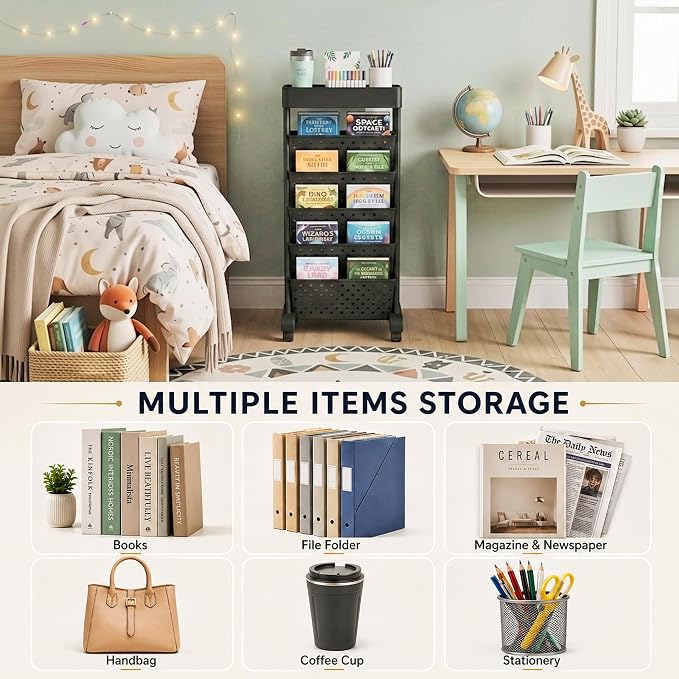 BYFU 6-Tier Rolling Bookshelf Cart, Black | Movable with Wheels, File Paper Storage Organizer, For Home Office Study Classroom