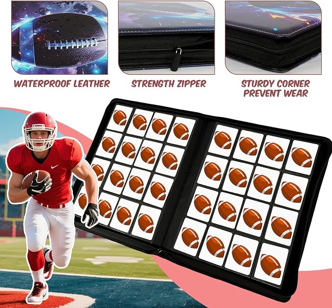 Football Card Binder 16 Pocket, Premium 1000+ Cards PU Cover Trading Sports Card Binder Side Loading Card Holder Collection Album Folders