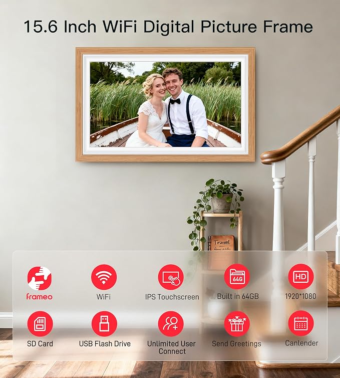 64GB Frameo 15.6" Digital Picture Frame Large 1920 x 1080 IPS FHD Touch Screen WiFi Electronic Photo Frames Share Moments Instantly Anywhere Best Gifts for Parents and Grandparents Natural Wood
