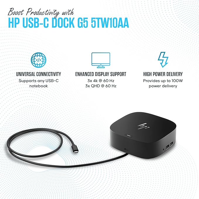 HP Docking Station for Laptop Dual Monitor and Charging - 5TW10AA / 5TW10UT / 5TW10AA#ABB USB-C G5 Dock with 120W + HDMI Cable + DisplayPort Cable (5TW10AA#ABB Renewed)