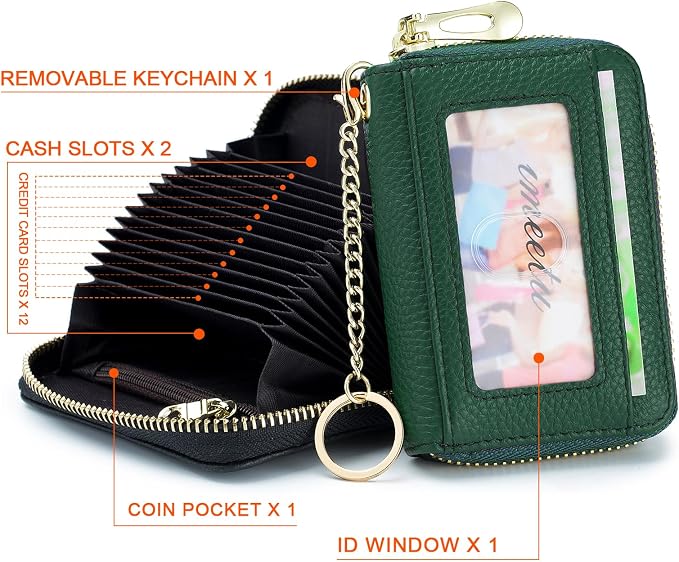 imeetu RFID Credit Card Holder, Small Card Wallet Women, Leather Card Case | Genuine Leather Women's Card & id Cases, Change Coin Purse with Zipper Keychain id Window, 20 Colors & 3 Styles, Daily, Gifts