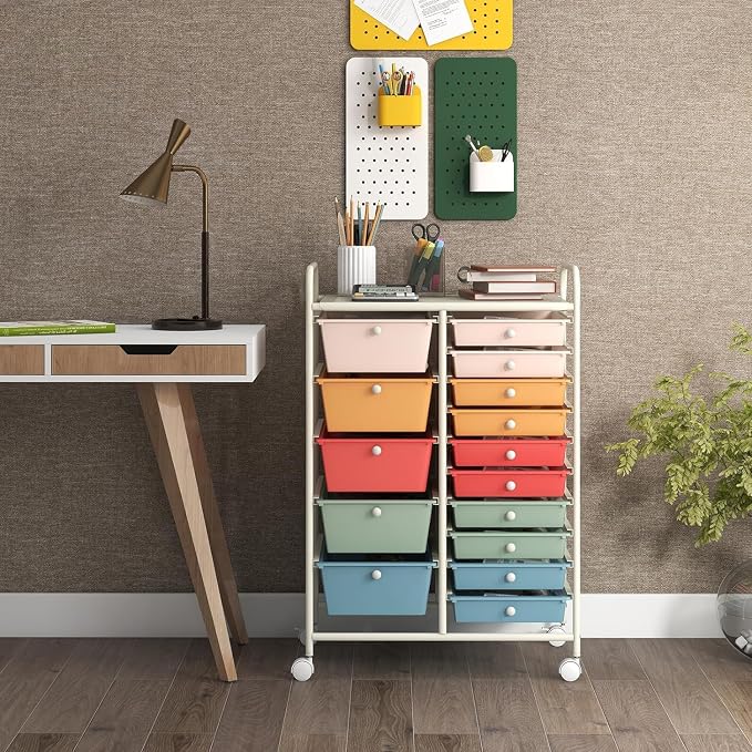 15 Drawer Rolling Storage Cart, Rolling Cart with Drawers for Classroom, Art Supply Craft Organizer on Wheel with Metal Frame & Handles for Home Office School
