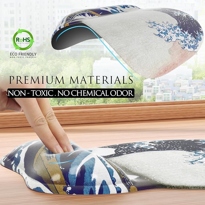 MROCO Ergonomic Mouse Pad with Gel Wrist Rest, 9.4 x 8.1 in, Great Wave | Ergonomic Shape Design, Multiple Pattern Options, Gel Wrist Comfort, Smooth Lycra Surface, Non-Slip PU Base