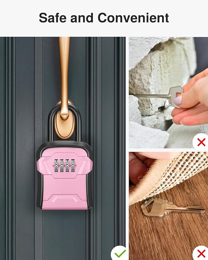 Puroma Lock Box, Key Lock Box Wall Mount & Portable Combination Lockbox with Resettable Code, Security Lockbox for Outside House Keys, Apartment Realtors Spare Keys Storage (1 Pack, Pink)