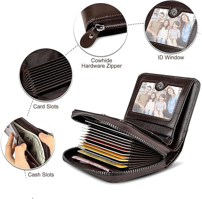 HUANLANG Mens Wallet RFID Blocking Multi Card Holder Wallets for Men Bifold Wallet with Zipper Small Men's Leather Wallet
