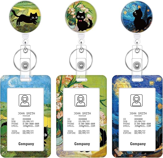 3 Set Cat Lover Badge Holder Retractable Reel ID Badge Holders with Clip Cute Name Badge Holders for Teacher Nurse Doctor Student Office Workers