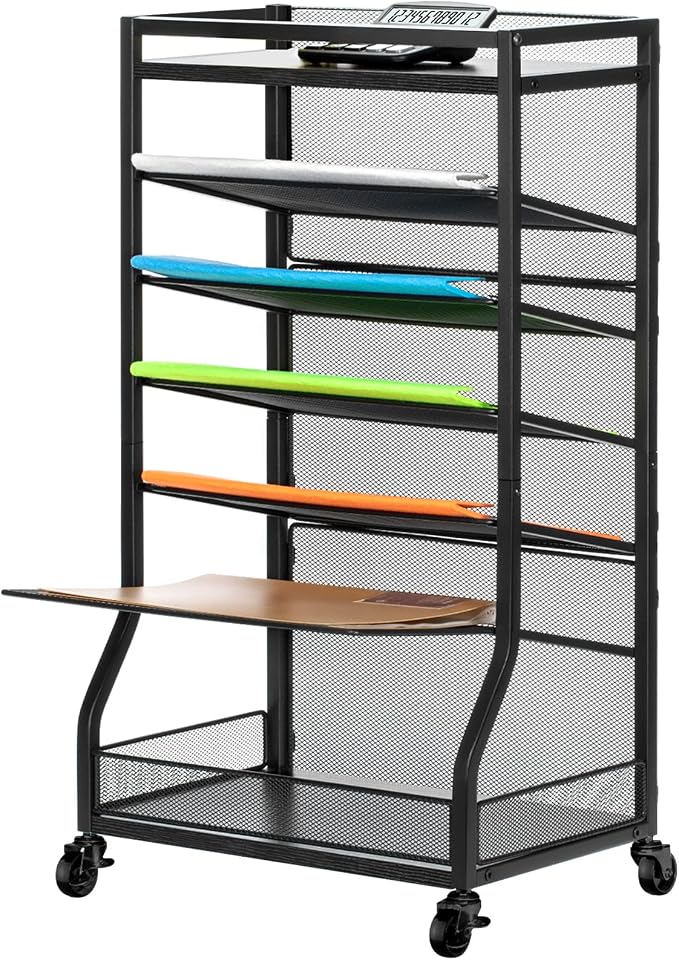 ThreeHio 7 Tier Rolling File Cart with Sliding Trays, Wood Metal File Organizer Beside Desk, Free-Standing File Holder, Paper Letter Tray Organizer Mesh Desk Organizer for Home Office School (Patent)