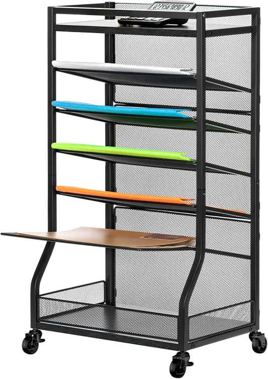 ThreeHio 7 Tier Rolling File Cart with Sliding Trays, Wood Metal File Organizer Beside Desk, Free-Standing File Holder, Paper Letter Tray Organizer Mesh Desk Organizer for Home Office School (Patent)