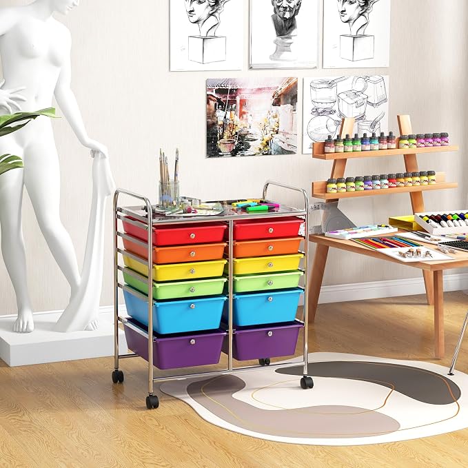COSTWAY 12-Drawer Rolling Storage Cart, Moveable Art Craft Organizer | Lockable Wheels, Metal Shelf, Files Arrangement Tools Makeup Storage Cart for Office, Home, School (Multi-Color)