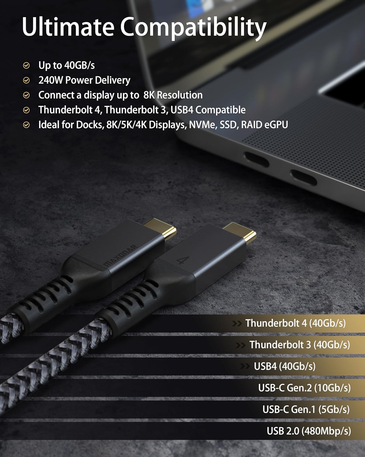 Maxonar [6Ft] Thunderbolt 4 Cable, Support 40Gbps Data Sync/240W Charging and 8K/5K@60Hz for Thunderbolt 4/3, USB4, and USB-C Devices