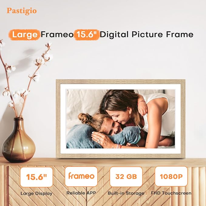 Digital Picture Frame Large, 15.6 Inch Digital Photo Frame Frameo, WiFi Electric Slideshow Frame, 1920*1080 IPS FHD Touchscreen, 32GB, Tabletop&Wall-Mounted, Share Video Picture, Gifts, Oyster White