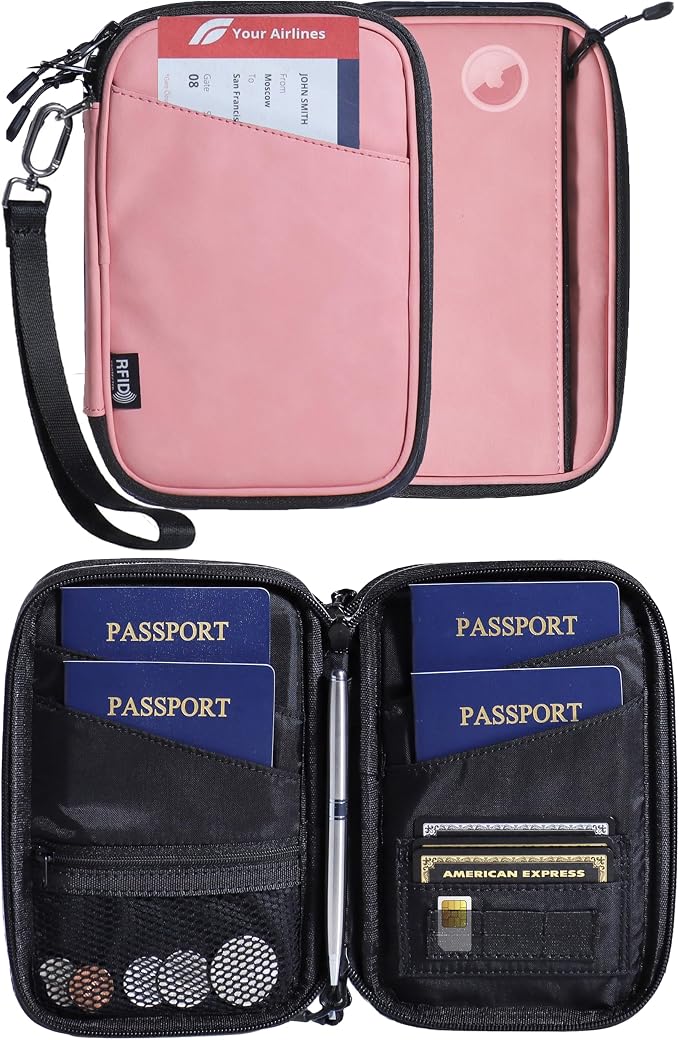 Lagre family passport holder for 4 multiple passport bag for travel passport cover rfid blocking for women waterproof wallet with zipper airtag passport case for men (pink with faint patterns)